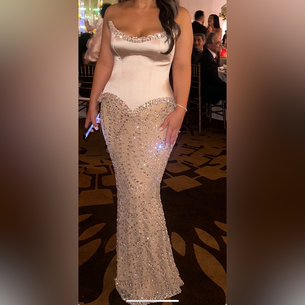 Elegant Beaded Cream Evening Gown